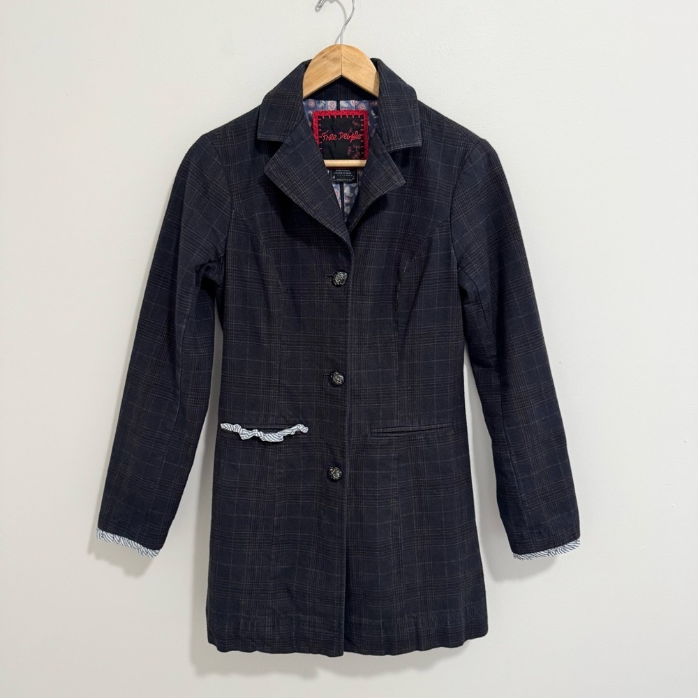 Free People Plaid Embellished Lightweight Pea Coat Blazer Jacket